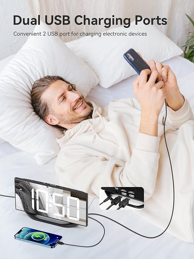 Digital Alarm Clocks for Bedrooms，8.7" LED Mirror Electronic Clocks with 2 USB Charger Ports,7 Levels Brightness & Alarm Volume,Dual Alarms,Snooze,12/24H,Modern Desk Clock for Bedside Home Office