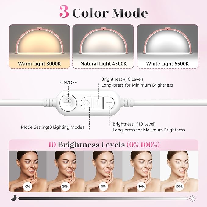 Yokilly Half Moon Light for Nail Desk: 29" Foldable Half Moon Nail Desk Lamp with Phone Holder for Beginner - Arch Tech Light with 3 Color Modes & 10 Brightness for Manicure Salon (Pink)