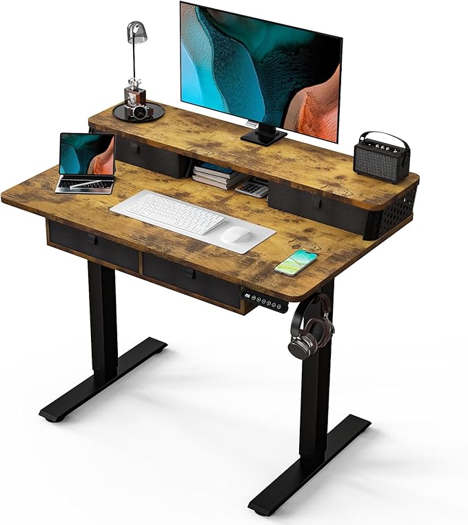 Kingant 40 x 24 Inch Small Electric Standing Desk with 4 Drawers, Height Adjustable Sit to Stand Computer Desk with Storage Shelf and C-Clamp Mount Compatibility for Home Office, Rustic Brown