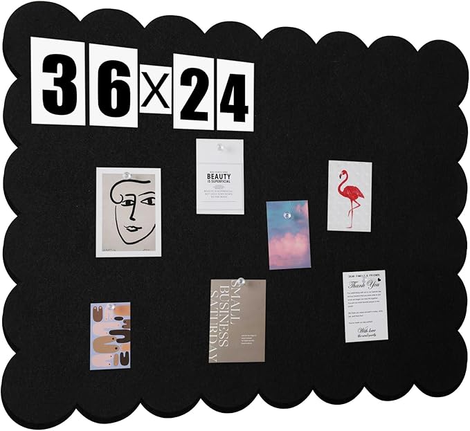 Scalloped Felt Bulletin Board 36 x 24 Inches Foldable Black Pin Cork Board Alternative for Wall, 3' x 2' Trifold Picture Vision Self Adhesive Bulletin Decorative