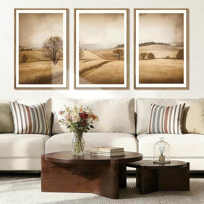 BINCUE Framed Countryside Wall Art Rustic Village Wall Decor Farmhouse Landscape Art Print for Living Room Bedroom Office 16x24 Inches Set of 3