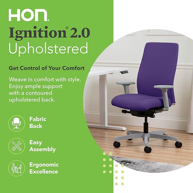 HON Ignition 2.0 Fabric Office Chair, Upholstered, Adjustable Arms, Advanced Synchro-Tilt Recline Executive Ergonomic Office Chair, Titanium Frame, Iris