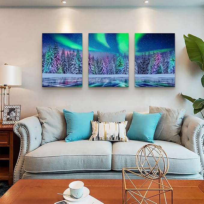Lapremoly Canvas Wall Art For Living Room Wall Decorations For Bedroom Stretched And Framed Canvas Prints Paintings Aurora Scenery Pictures 3 Piece Bathroom Wall Decor Ready To Hang For Home Decor