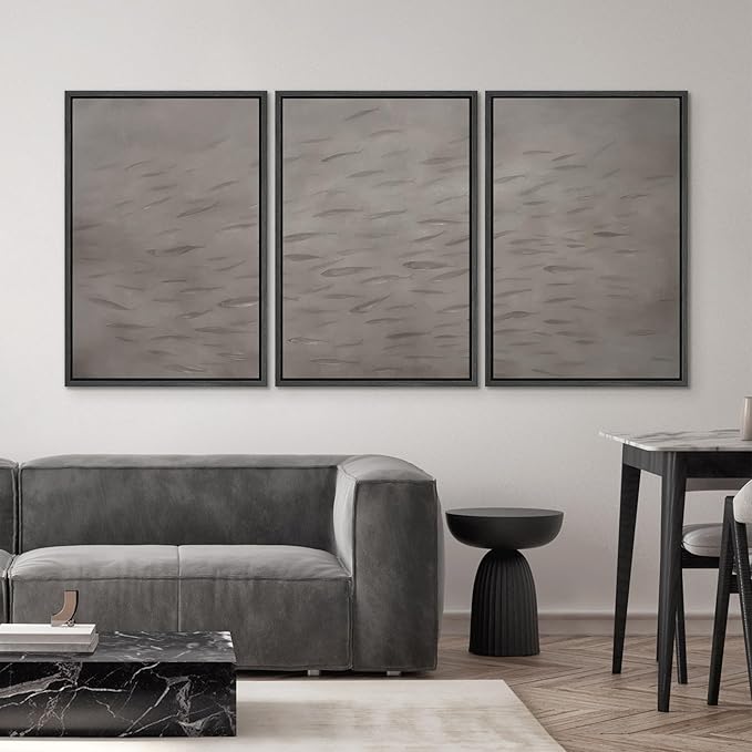 SIGNWIN Framed Canvas Print Wall Art Set Minimalist Fish Shoal Pattern Subtle Gray Underwater Illustrations Modern Art Decorative Abstract for Living Room, Bedroom, Office - 24"x36"x3 Black