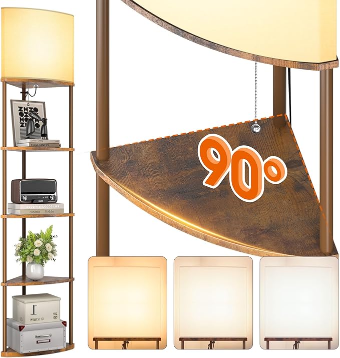 addlon Floor Lamp with Shelves, 5-Tier Adjustable Corner Lamp with 3 Color Temperatures & Linen Shade,Modern Floor Lamps for Living Room, Home Office & Bedroom (E26 LED Bulb Included, 800lm) - Brown