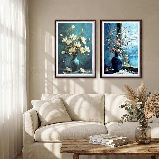 Set of 2 Floral Still Life Canvas Wall Art | Oil Painting Style High Definition Prints with Rustic Frames | Ready to Hang Modern Farmhouse Wall Decor for Living Room, Bedroom & Kitchen (16x24 Inchesx2)