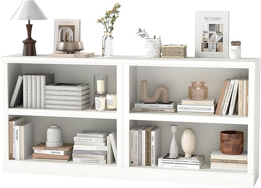 blini White Bookshelf and Bookcase Set of 2, Double Wide Large Bookshelves 2 Tier Wooden Bookshelf with Storage Cabinets for Living Room, Home Office, Library (White, 2 - Shelf)