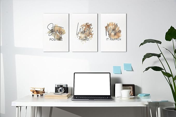 SHMAO Brown Office Canvas Wall Art Motivational Wall Decor, 3 Piece Stay Work Make Print Pictures for Office Wall Decor Women Inspirational Framed Artwork Home Office Decor 12”x18”x3 Panels