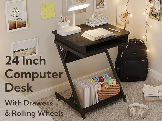 Zenira Small 24 Inch Tall Computer Desk with Drawers, Corner Gaming Desk for Bedroom, Home, Office, Black