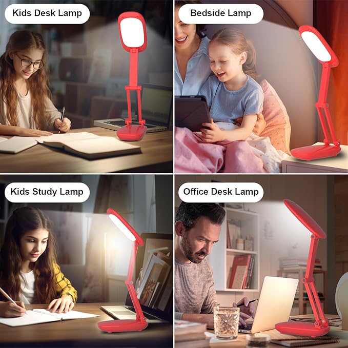 LED Desk Lamp for Office Home & Battery Operated Lamp Rechargeable Lamp Foldable & Portable Light, [2-Fold Bracket] 3 Brightness Dimmable Small Desk Lamp Wireless Reading Lamp (Bright Pink)
