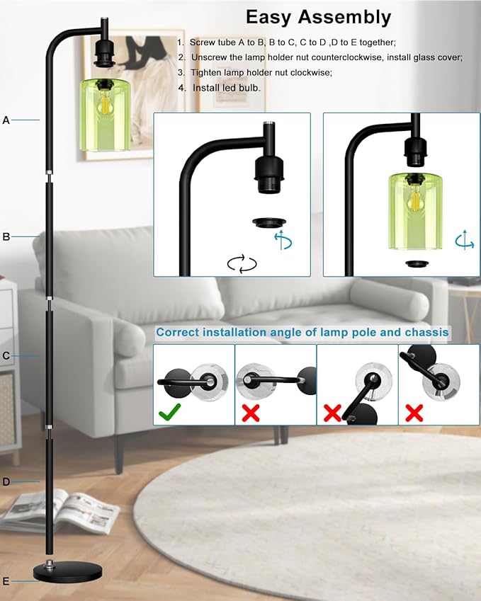 Lightdot 64IN Glass Floor Lamp for Living Room, Modern Standing Lamps with Green Ribbed Glass Lampshade& Bulb Included, Industrial Floor Lamp for Bedroom/Sofa Beside/Corner Decor-Black