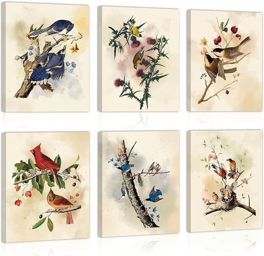CHDITB Vintage Bird Framed Canvas Wall Art, Spring Birds Illustration, Nature Wildlife Wall Decor, Botanical Bird Poster, Retro Watercolor Art Prints For Living Room Bedroom Kitchen Decor 8”X10”x6