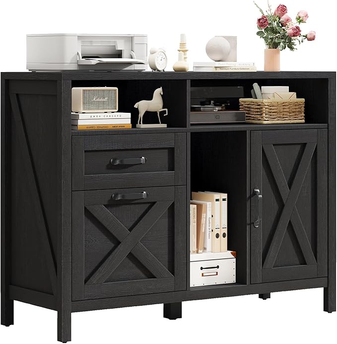 Vabches Lateral File Cabinet, Farmhouse 2 Drawer File Cabinet with Open Storage Shelf for Letter/A4 Size Hanging Files, Large Wood File Storage Cabinets Printer Stand for Home Office, Black