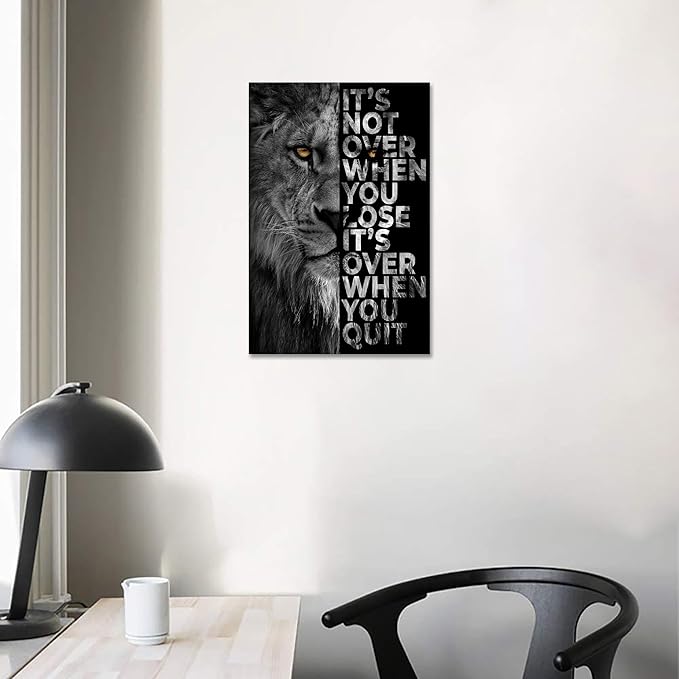Lion Head Prints Canvas Inspirational Wall Art Black and White Animals Poster Motivational Quote Picture for Office Decor Framed Ready to Hang 20x30inches