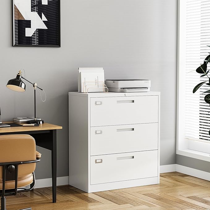 3 Drawer Lateral File Cabinet with Lock, Metal Filing Cabinets for Home Office, Wide Locking File Caninets, White Office Storage Cabnet for Hanging Letter/Legal / A4 / F4 - Assembly Required