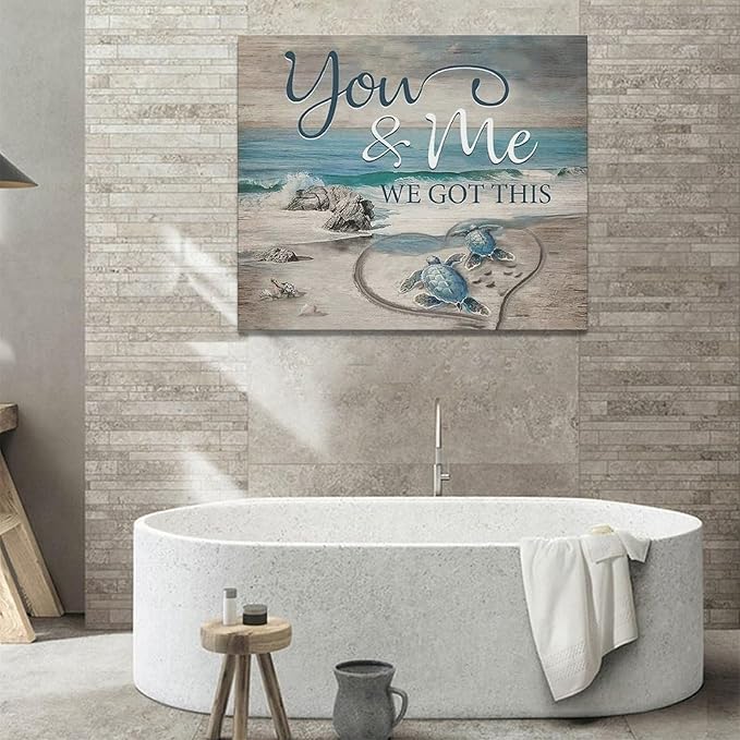 Beach Sea Turtle Bathroom Wall Art Coastal Turtle Love Pictures Wall Decor Ocean Nautical Canvas Seascape Painting Modern Artwork Home Decoration for Living Room Bedroom Office Framed 24"x20"