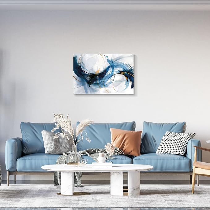 gaosoul Modern Abstract Canvas Wall Art Vibrant Blue Gold Lines Doodled on White Background Paintings Stylish Framed Minimalism Artwork Prints for Living Room Bedroom Office Decor 36x24in