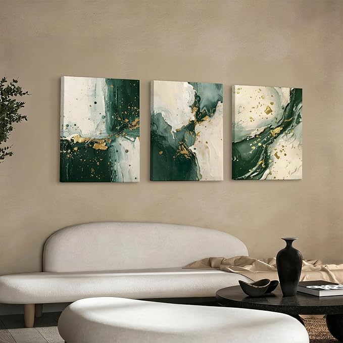 3pcs Emerald Green Wall Decor Living Room,Modern Green and Gold Marble Abstract Canvas Wall Art Painting Prints,Minimalist Framed Wall Art for Bedroom Office Home Decoration,Ready To Hang,12x16in