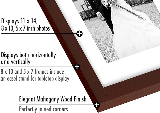 Americanflat Set of 7 Picture Frames with Shatter-Resistant Glass - Gallery Wall Frame Set with One 11x14, Two 8x10 and Four 5x7 Frames - Signature Collection - Mahogany