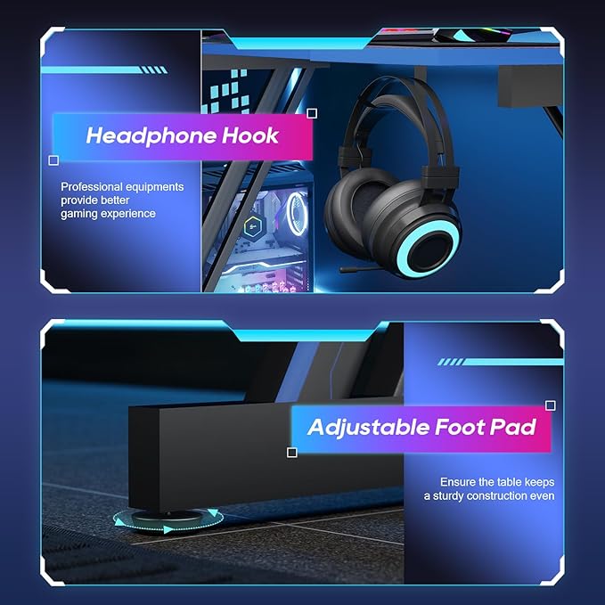 BestOffice Gmaing Desk Z Shaped 47 inch PC Computer Desk Computer Workstation Ergonomic Gaming Table with Headphone Hook for Game Players, Black&Blue