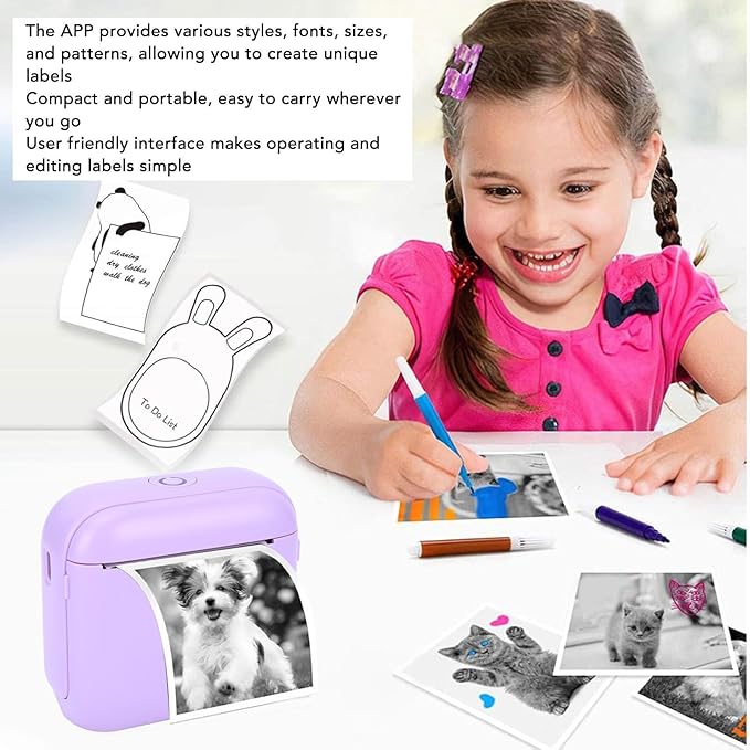 WALFRONT Thermal Label Printer Portable Inkless Label Printer for Home School Office, 203 DPI High Resolution Compact Design 1200mAh Battery (Violet)