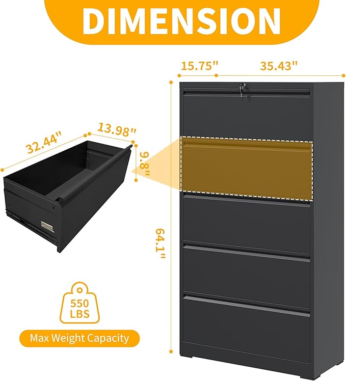 File Cabinet with Lock, 5 Drawer Lateral Filing Cabinet for Home Office, Metal Heavy Duty File Cabinets for Hanging Letter/Legal/F4/A4 Size Files, Assembly Required (Black)