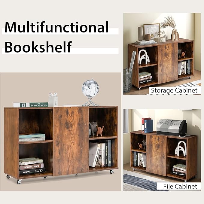 Lateral File Cabinet, Wood Storage Cabinet with Doors and Shelves, Kitchen Buffet Sideboard with 6 Universal Wheels, Modern Printer Stand, Mobile Filing Cabinets for Home Office (Rustic Brown)