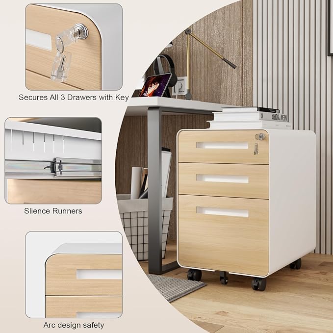 Garvee 3 Drawer File Cabinet with Lock, Under Desk Mobile Metal Filing Cabinet for Home Office, 5 Wheel Anti-Tilt Rolling File Cabinets for A4/Letter/Legal Size, Fully Assembled