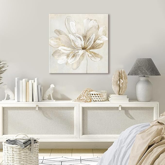 SEVEN WALL ARTS White Flower Wall Art Beige and Gold Blooming Flower Abstract Floral Artwork Print Poster for Living Room Bedroom Bathroom Home Office Wall Decor 24"x24"
