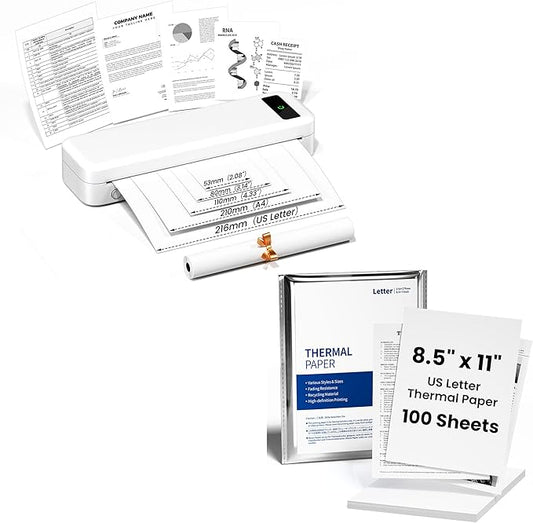 TATTMUSE Bluetooth Inkless Thermal Printer White & 100 Sheets 8.5" x 11" US Letter Thermal Paper, Compatible with iPhone Android Laptop for Home Car Office