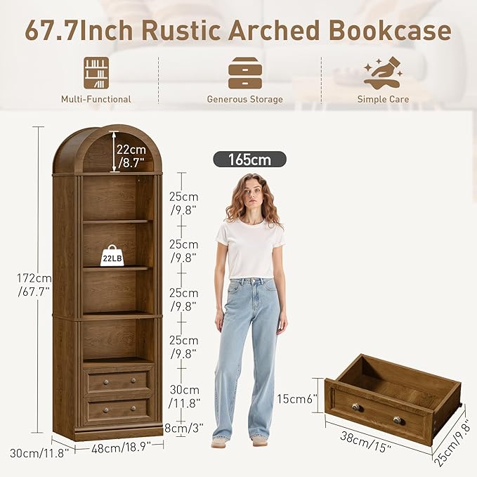 Tall Narrow Bookshelf Set of 2, Arched Bookshelf with 2 Drawers, 7-Tier Farmhouse Arch Bookcase, Wooden Book Shelf with Open Display Shelves for Office, Living Room, Kitchen, Walnut