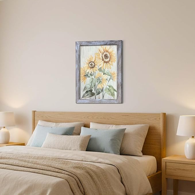 Botanical Wall Art Picture - Framed Sunflowers Floral Painting with Wood Texture for Bathroom and Bedroom 24"x18"
