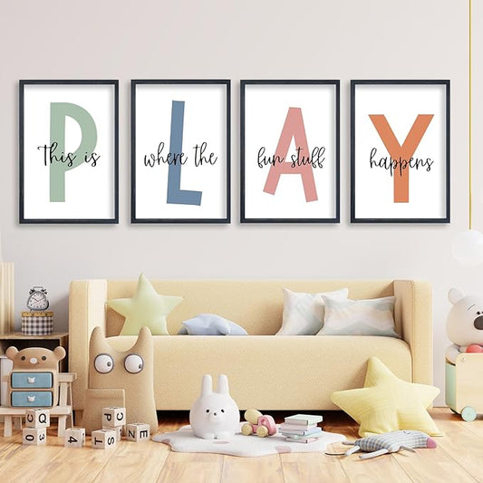 TQianJiang Playroom Wall Art for Kids 4 Piece PLAY Letter Prints with This is Where the Fun Stuff Happens Quote 11"×16" Modern Colorful Decor Children Nursery Toddler Wood Framed Wall Hanging (Black)