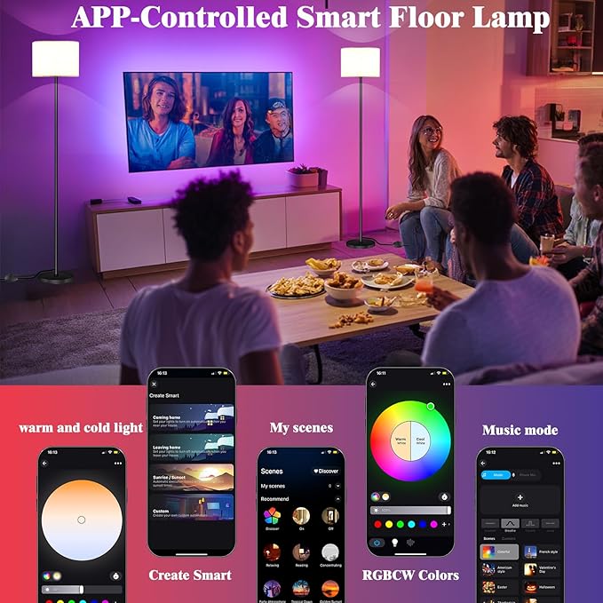 Smart LED Floor Lamp with APP Control & RGB Colors - Dimmable Standing Lamp for Living Room, Bedroom, Gaming - Remote, Timer, 9W Bulb Included, 60.6" Modern Tall Lamp (White)