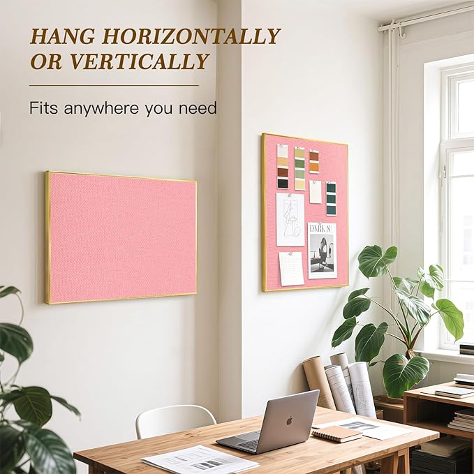 Linen Bulletin Board 36 x 24 Inches, Fabric Cork Board for Wall with Gold Aluminum Frame, Hanging Pin Board Tack Board for Home Office Room Decor, 10 Push Pins, Pink Linen