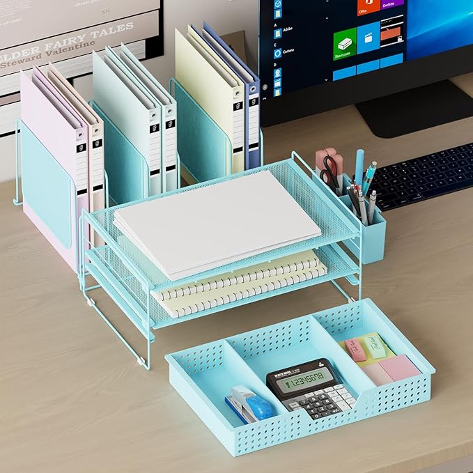 Blue Desk Organizer, Office Organization with Vertical File Holder, File Organizer with Drawer and Pen Holder, Desk Accessories and Workspace Organizers for Home Office (Sky Blue)