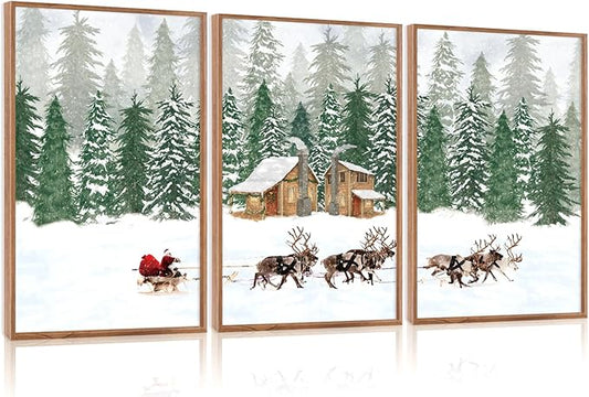 CHDITB Santa Claus Reindeer Sleigh Framed Canvas Wall Art(16"x24"), 3 Panels Christmas Winter Holiday Artwork Prints, Large Rustic Xmas Gift Snow Scene Forest Landscape Decor for Home Office Bedroom