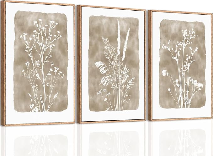 ANHUIB Beige Floral Canvas Wall Art Neutral Botanical Wall Decor 12x16 Inch Set of 3 for Living Room Bedroom Bathroom
