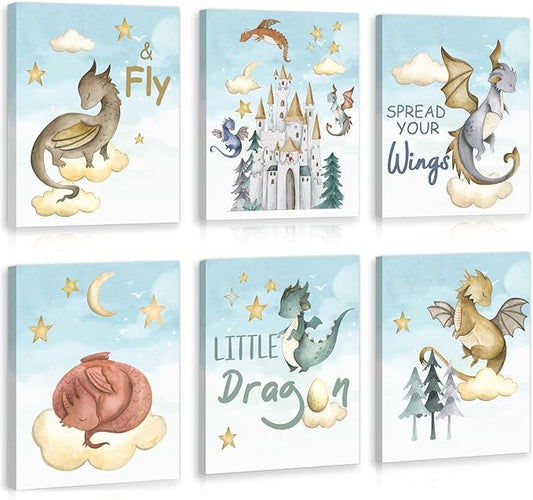 CHDITB Dinosaur Canvas Wall Art Nursery Wall Decor, Set of 6(8x10 inch) Cute Dream Dinosaur Cub Framed Art Prints, Baby Dinosaurs Cartoon Castle Animals Poster For Children's Boy Kids Room Bedroom