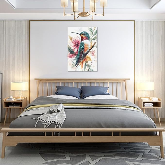 Watercolor Hummingbird Wall Art Country Flower Bird Pictures Wall Decor Colorful Canvas Painting Modern Home Artwork Decorations for Bathroom Bedroom Living Room Office Framed 16"x24"