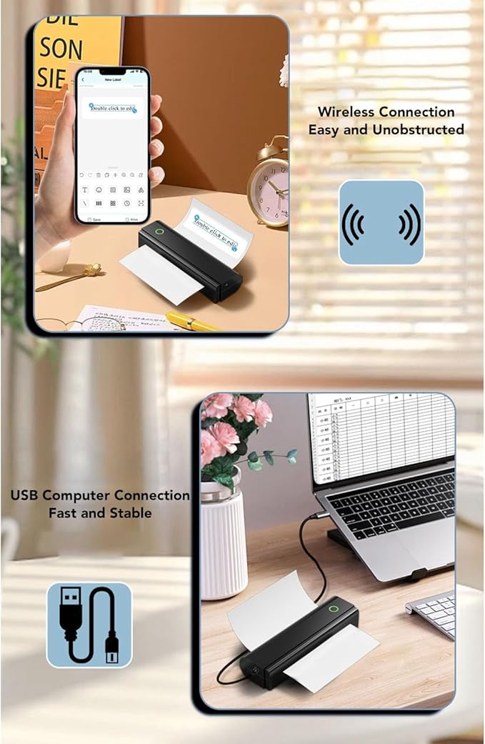Hilitand Portable Inkless Printer, Compact Cordless Thermal Printer with USB Connection 203DPI Accuracy Inkless Thermal Printing for Home Travel Office Use