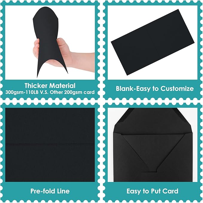 20 PK Black Cards with Envelopes 300GSM Plain Greeting Cards Black Square Envelopes Heavyweight Cardstock Paper for Invitations Card Making All Occasions