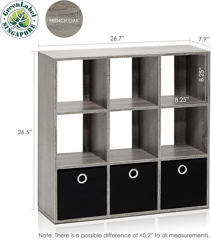 Furinno Simplistic 9-Cube Organizer with Bins, Small Size (Assembled unit dimensions : 7.9"D x 26.5"W x 26.7"H inches), French Oak/Black