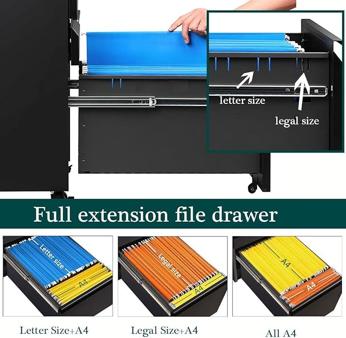 3 Drawer Mobile File Cabinet with Lock, Under Desk Metal Filing Cabinet for Legal/Letter/A4 File, Fully Assembled Except Wheels (Black)