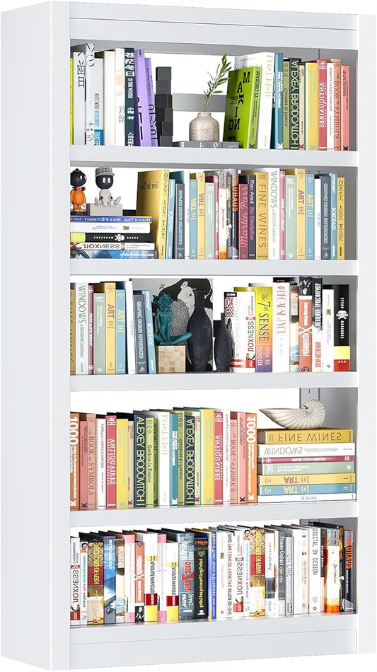 5 Tier White Bookshelf, 61" H Adjustable Bookshelf with Large Capacity, Suitable for Modern Storage Shelves in Living Rooms, Homes Offices, Garage, Sturdy Metal Bookshelf for Organizing