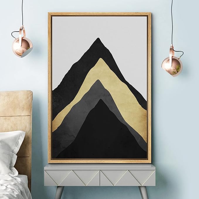 SIGNFORD Framed Canvas Print Wall Art Dark Gold & Gray Mountain Formations Abstract Wilderness Illustrations Modern Art Contemporary Scenic for Living Room, Bedroom, Office - 24"x36" Natural