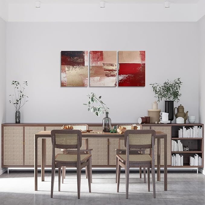 jejeloiu 12"x16"x3pcs Abstract Oil Painting Office Decorations Artwork Posters Abstract Art 3 Piece Canvas Wall Art for Living Room Bedroom Red Modern Picture Wall Decor