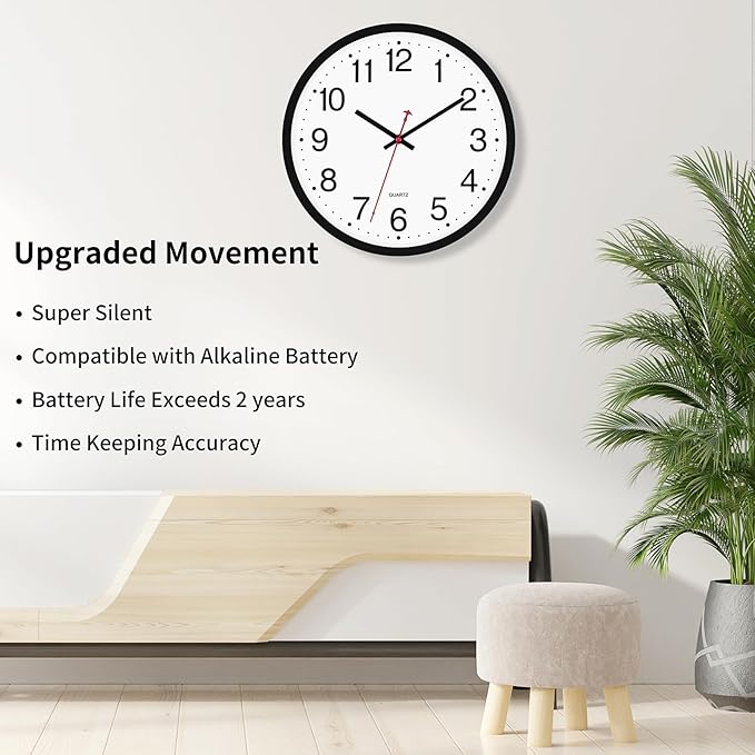 Foxtop 14 Inch Wall Clock Modern Silent Non-Ticking Quartz Battery Operated Round Analog Classic Black Wall Clock for Classroom School Office Living Room Bedroom Home