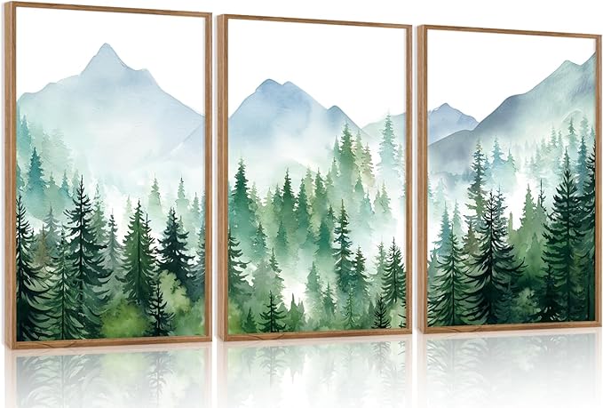 CHDITB Mountain Landscape Framed Canvas Wall Art(16"x24"), 3 Panels Boho Nature Forest Artwork Prints, Large Abstract Modern Green Pine Trees Art Decor for Bedroom Living Room Office