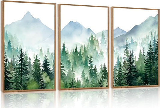 CHDITB Mountain Landscape Framed Canvas Wall Art(16"x24"), 3 Panels Boho Nature Forest Artwork Prints, Large Abstract Modern Green Pine Trees Art Decor for Bedroom Living Room Office